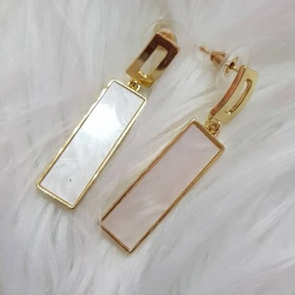 Geometric Rectangular White & Gold Drop Earrings | Minimalist Statement Jewelry - Picture 12 of 16